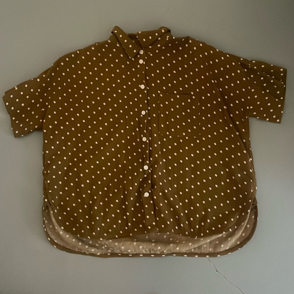 button up brown and cream polka dot shirt